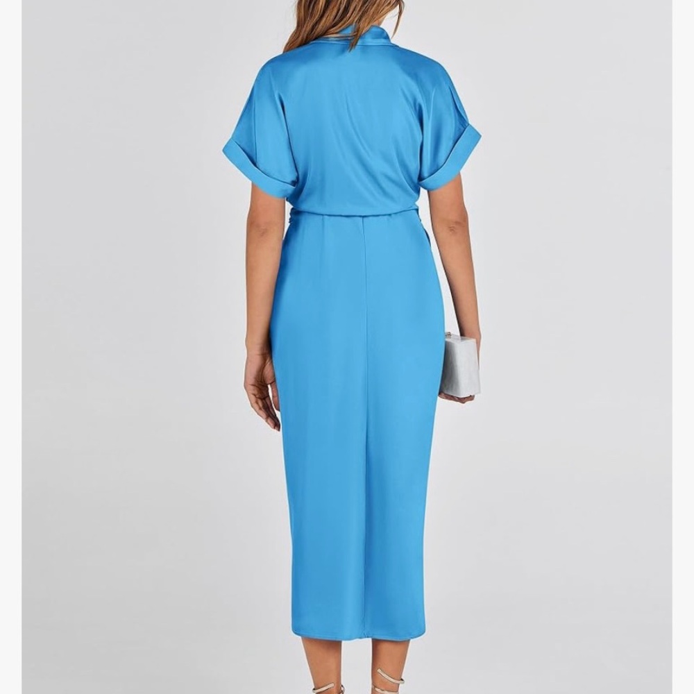 Elegant Satin Ruched Shirt Dress - Picture 4 of 12